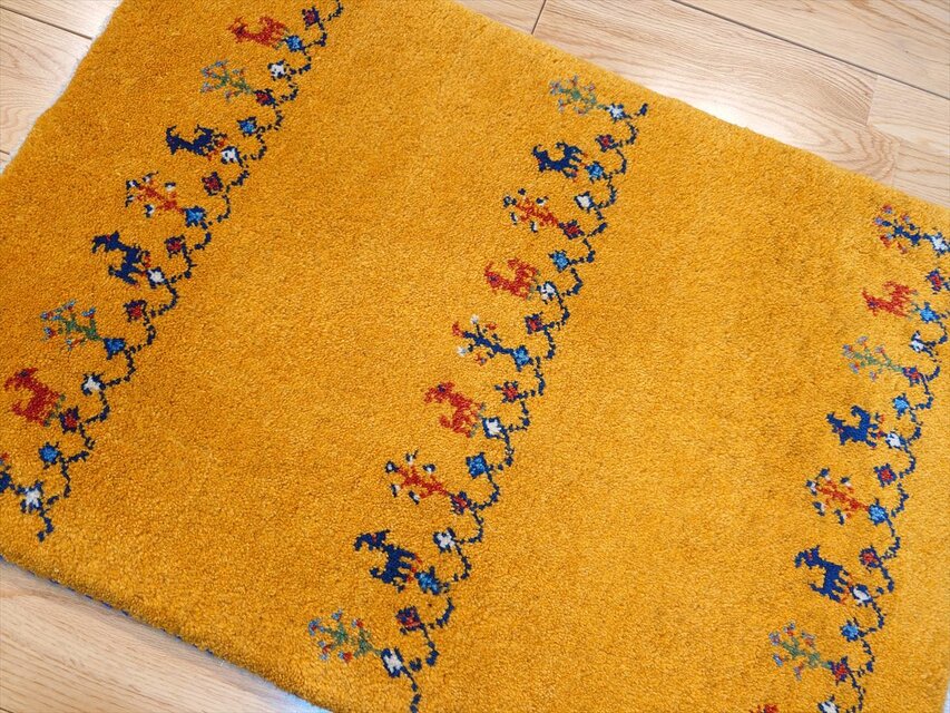 ハンドメイド ペルシャ ギャッベ 玄関マット ラグ 86x60cm 黄金色 ヤギ