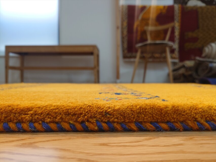 ハンドメイド ペルシャ ギャッベ 玄関マット ラグ 86x60cm 黄金色 ヤギ