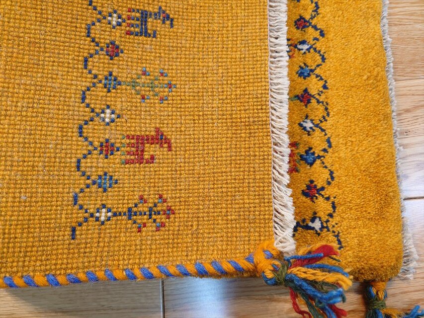 ハンドメイド ペルシャ ギャッベ 玄関マット ラグ 86x60cm 黄金色 ヤギ