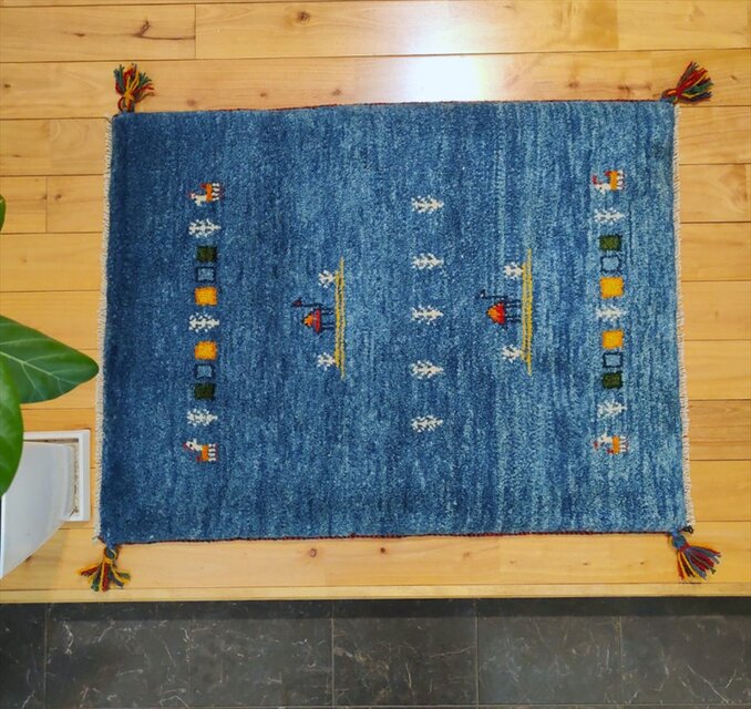 手織り ペルシャ ギャッベ 玄関マット ラグ 88x65cm 青色 ラクダ 生命