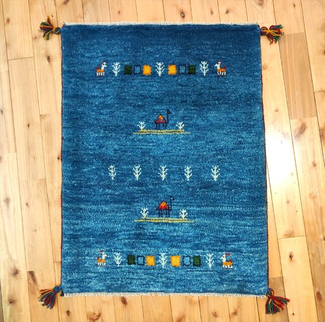 手織り ペルシャ ギャッベ 玄関マット ラグ 88x65cm 青色 ラクダ 生命