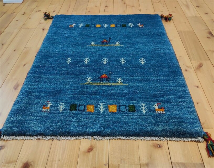 手織り ペルシャ ギャッベ 玄関マット ラグ 88x65cm 青色 ラクダ 生命