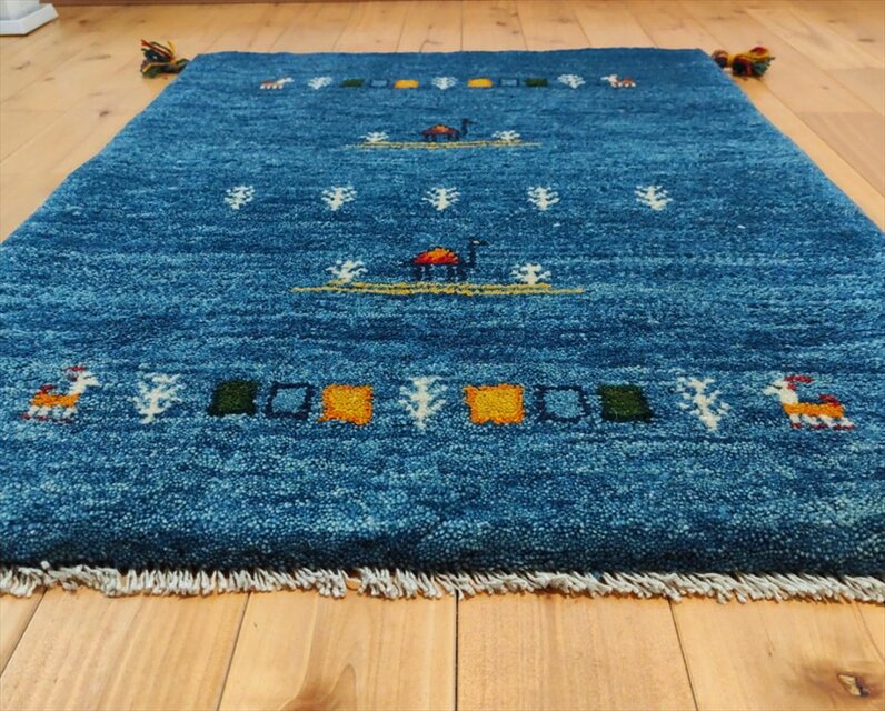 手織り ペルシャ ギャッベ 玄関マット ラグ 88x65cm 青色 ラクダ 生命
