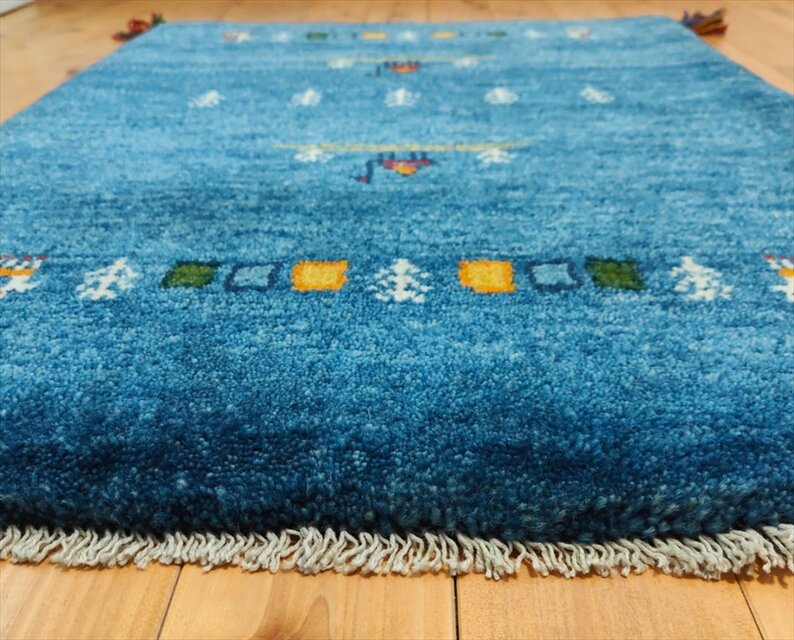 手織り ペルシャ ギャッベ 玄関マット ラグ 88x65cm 青色 ラクダ 生命