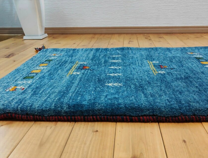手織り ペルシャ ギャッベ 玄関マット ラグ 88x65cm 青色 ラクダ 生命