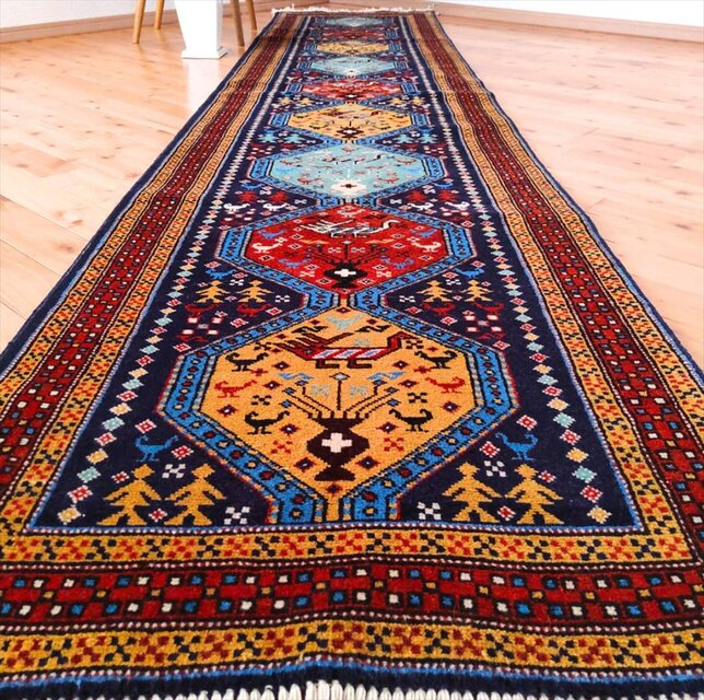 手織り ペルシャ絨毯 アルデビル産 ランナー ウール ラグ 346×79cm
