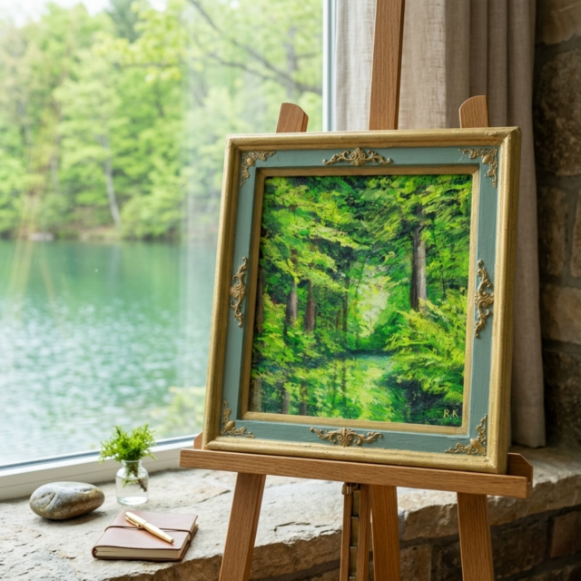 【額付き】光る川 風景画 油絵 原画 0号 インテリア 油絵【光織りなす翡翠の森】 新緑 初夏 森 風景画 絵画 額縁付き