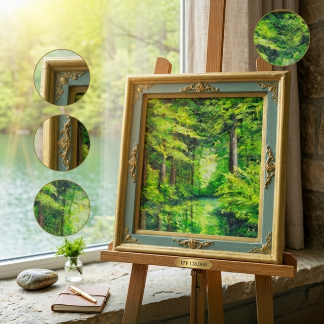 新緑の頃【油絵】 油絵【光織りなす翡翠の森】 新緑 初夏 森 風景画 絵画 額縁付き