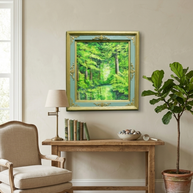 油絵【光織りなす翡翠の森】 新緑 初夏 森 風景画 絵画 額縁付き
