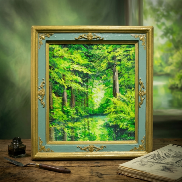 油絵【光織りなす翡翠の森】 新緑 初夏 森 風景画 絵画 額縁付き