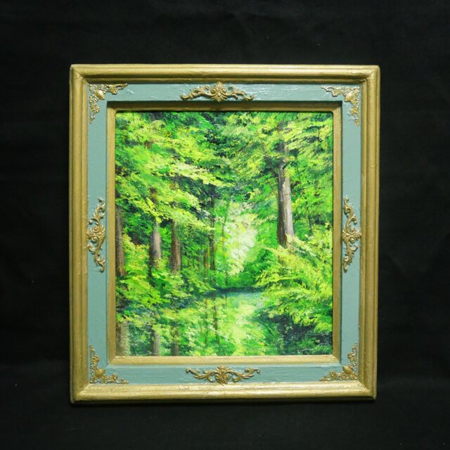 油絵【光織りなす翡翠の森】 新緑 初夏 森 風景画 絵画 額縁付き