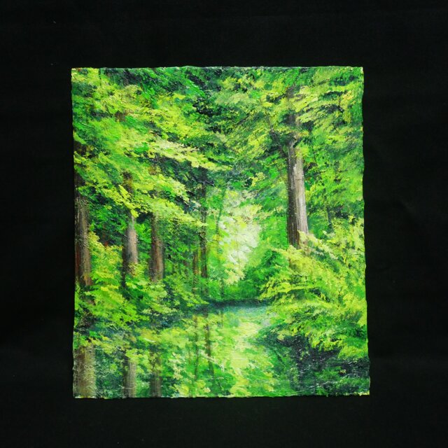 油絵【光織りなす翡翠の森】 新緑 初夏 森 風景画 絵画 額縁付き