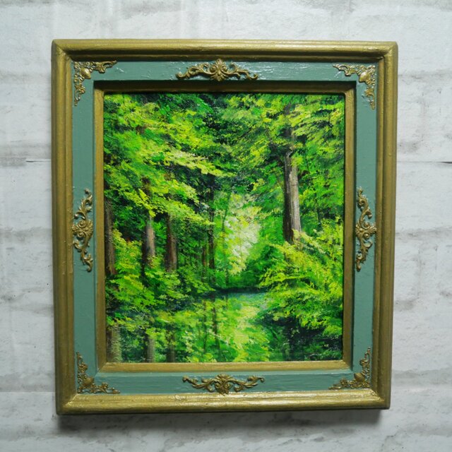 油絵【光織りなす翡翠の森】 新緑 初夏 森 風景画 絵画 額縁付き