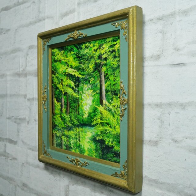 油絵【光織りなす翡翠の森】 新緑 初夏 森 風景画 絵画 額縁付き