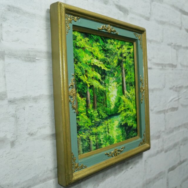 油絵【光織りなす翡翠の森】 新緑 初夏 森 風景画 絵画 額縁付き