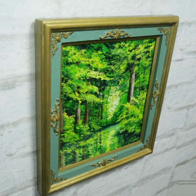 油絵【光織りなす翡翠の森】 新緑 初夏 森 風景画 絵画 額縁付き