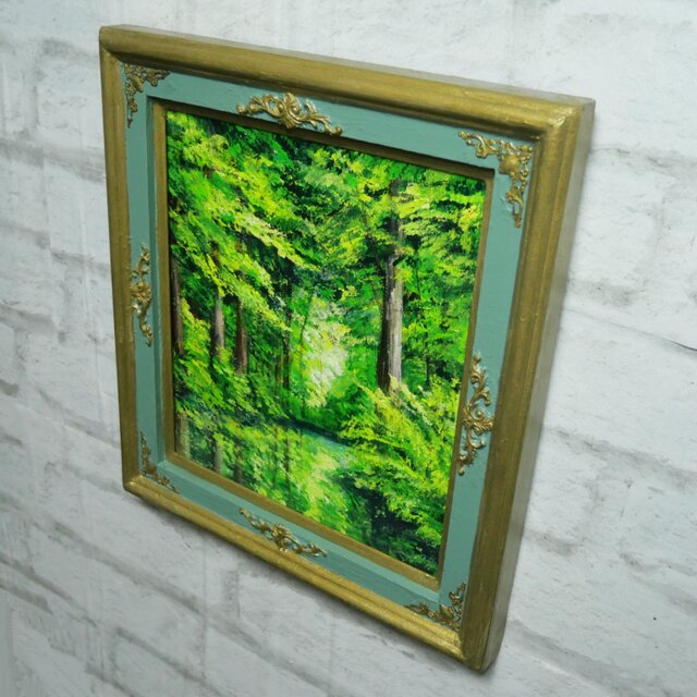 油絵【光織りなす翡翠の森】 新緑 初夏 森 風景画 絵画 額縁付き