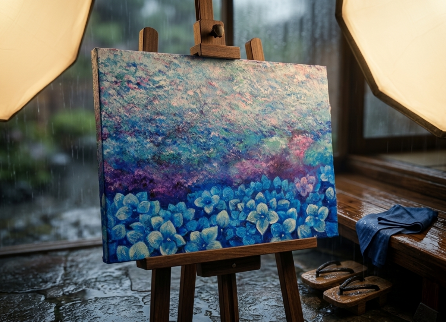 雨上がりの奇跡 〜光満ちる紫陽花畑〜 【油絵 原画 F4号】 アジサイ