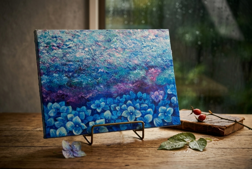 雨上がりの奇跡 〜光満ちる紫陽花畑〜 【油絵 原画 F4号】 アジサイ