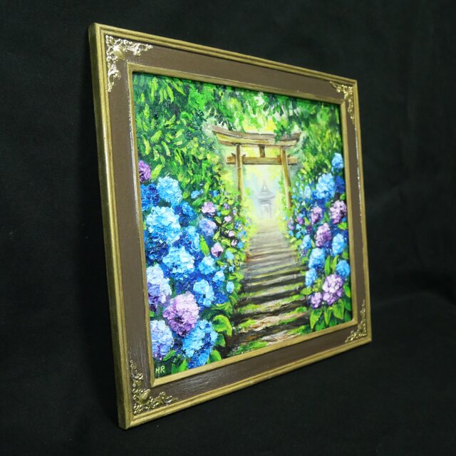 油絵「光へ続く、雨上がりの径」紫陽花と鳥居の風景画 / アジサイ絵画