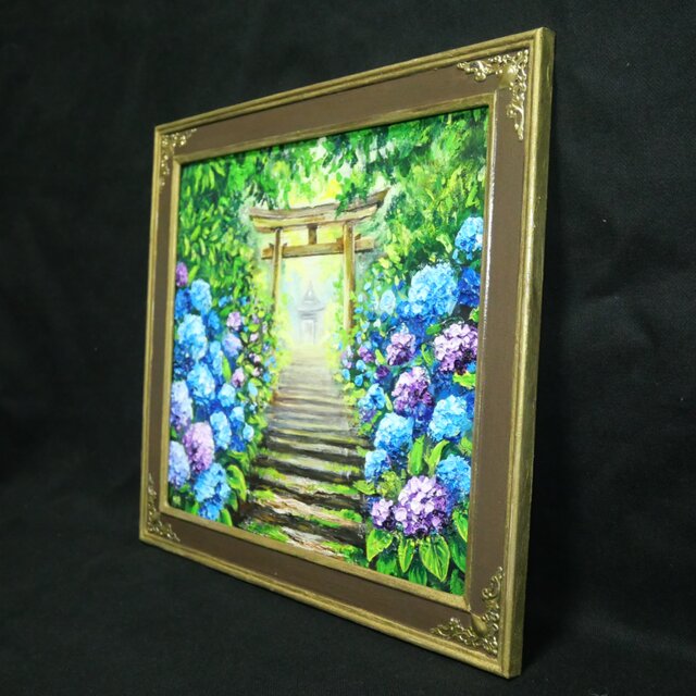 油絵「光へ続く、雨上がりの径」紫陽花と鳥居の風景画 / アジサイ絵画
