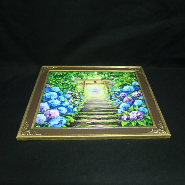 油絵「光へ続く、雨上がりの径」紫陽花と鳥居の風景画 / アジサイ絵画