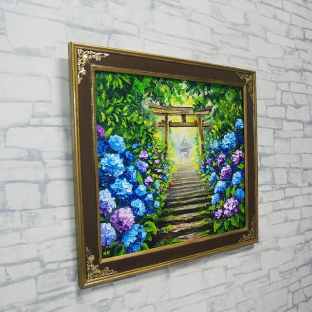 油絵「光へ続く、雨上がりの径」紫陽花と鳥居の風景画 / アジサイ絵画