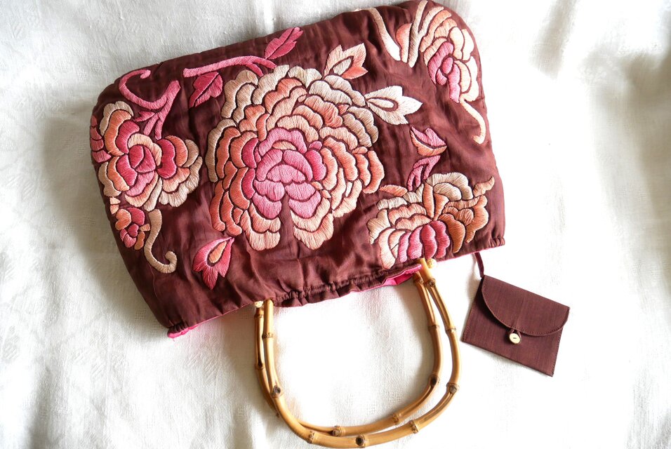 Jamin Puech】ヴィンテージバッグ ボタンの花の刺繍飾りバンブー