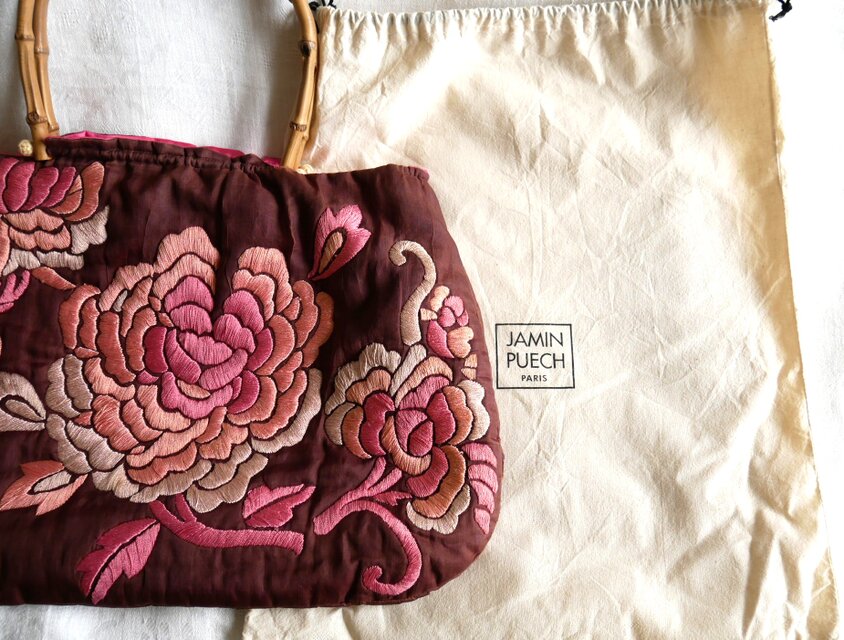 Jamin Puech】ヴィンテージバッグ ボタンの花の刺繍飾りバンブー