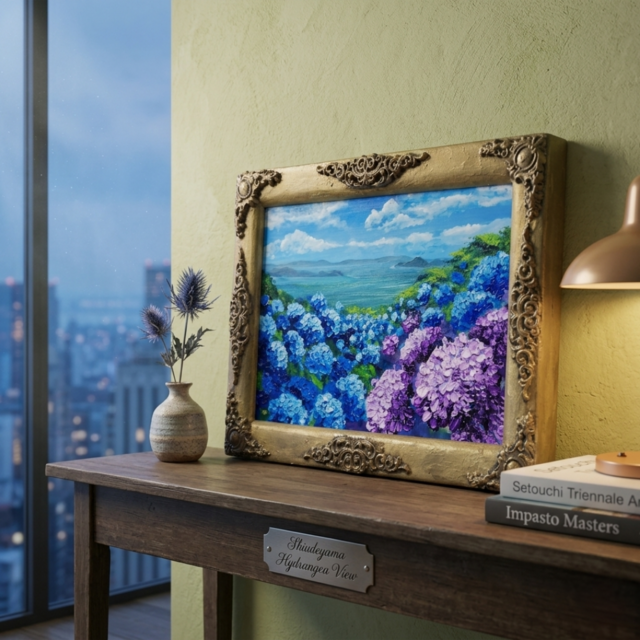油絵】紫陽花の向こう側 ・原画 油彩画 風景画 あじさい 初夏 額縁付き
