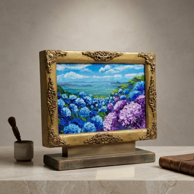 油絵】紫陽花の向こう側 ・原画 油彩画 風景画 あじさい 初夏 額縁付き