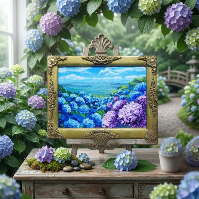 油絵】紫陽花の向こう側 ・原画 油彩画 風景画 あじさい 初夏 額縁付き