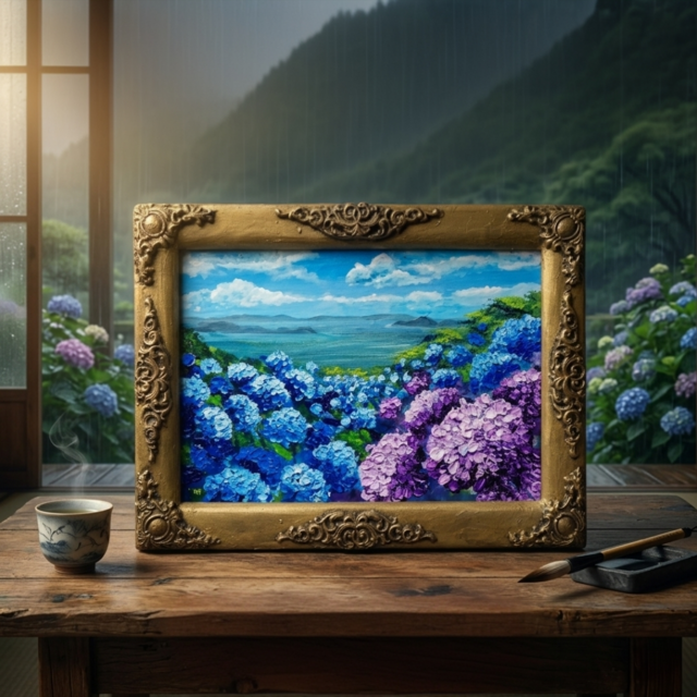 油絵　作者不明　S .H 紫陽花　額入　3号　油彩画 油絵】紫陽花の向こう側 ・原画 油彩画 風景画 あじさい 初夏 額縁付き