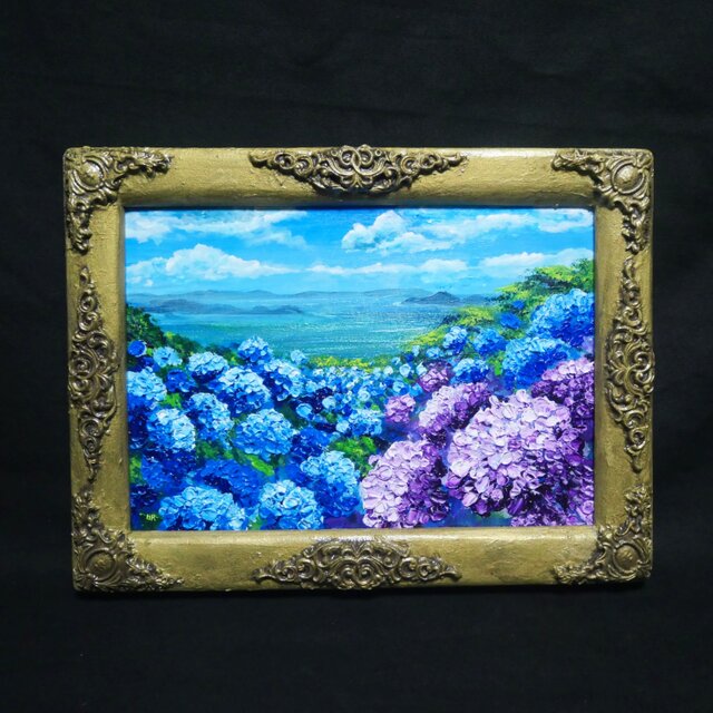油絵】紫陽花の向こう側 ・原画 油彩画 風景画 あじさい 初夏 額縁付き