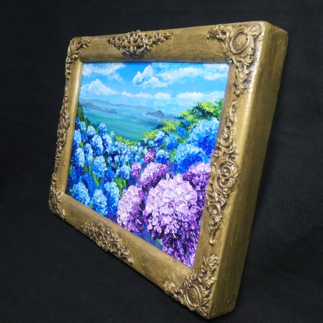油絵】紫陽花の向こう側 ・原画 油彩画 風景画 あじさい 初夏 額縁付き