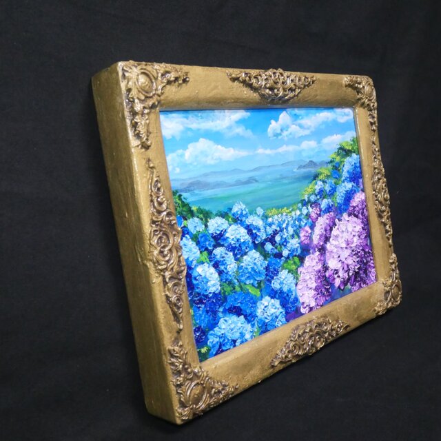油絵】紫陽花の向こう側 ・原画 油彩画 風景画 あじさい 初夏 額縁付き