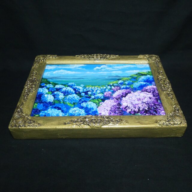 油絵】紫陽花の向こう側 ・原画 油彩画 風景画 あじさい 初夏 額縁付き
