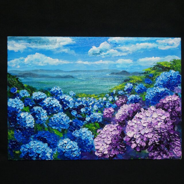 油絵】紫陽花の向こう側 ・原画 油彩画 風景画 あじさい 初夏 額縁付き