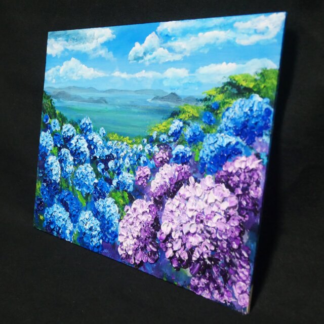 油絵】紫陽花の向こう側 ・原画 油彩画 風景画 あじさい 初夏 額縁付き