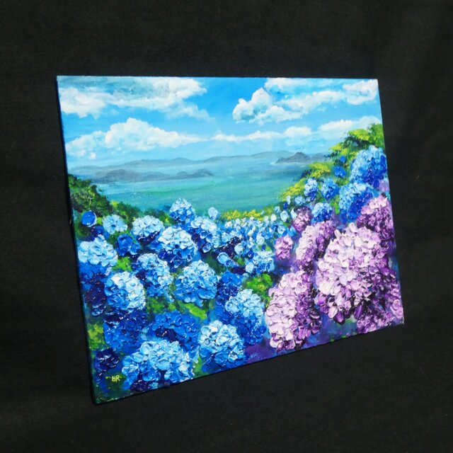 油絵】紫陽花の向こう側 ・原画 油彩画 風景画 あじさい 初夏 額縁付き