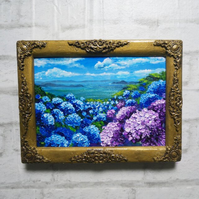 油絵】紫陽花の向こう側 ・原画 油彩画 風景画 あじさい 初夏 額縁付き