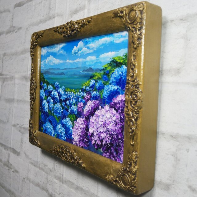 油絵】紫陽花の向こう側 ・原画 油彩画 風景画 あじさい 初夏 額縁付き