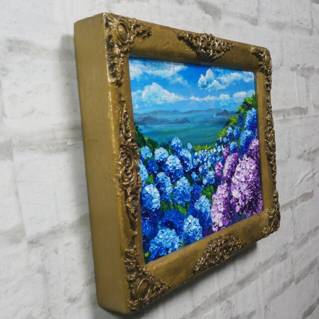 油絵】紫陽花の向こう側 ・原画 油彩画 風景画 あじさい 初夏 額縁付き