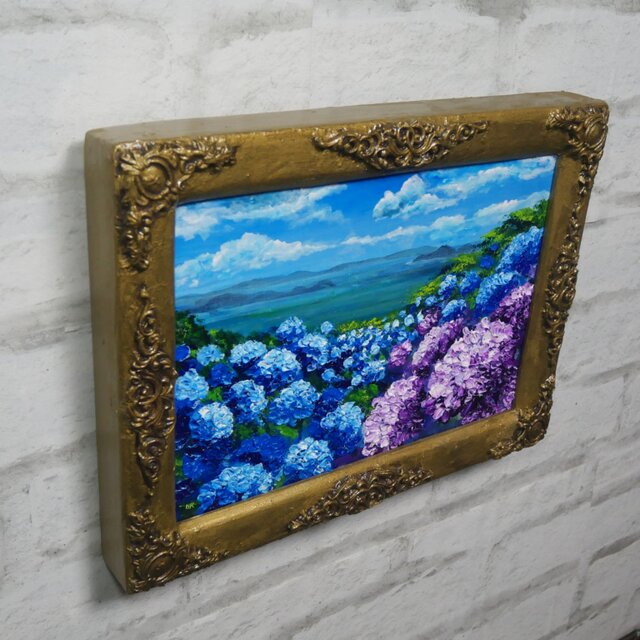 【F8原画2枚 + 額縁付】油彩画 紫陽花とハイビスカス 季節と気分次第で。 油絵】紫陽花の向こう側 ・原画 油彩画 風景画 あじさい 初夏 額縁付き