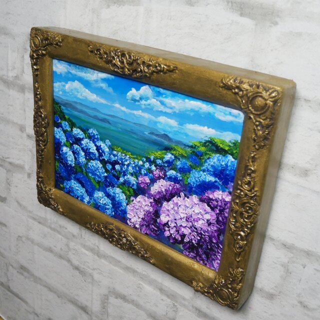 油絵】紫陽花の向こう側 ・原画 油彩画 風景画 あじさい 初夏 額縁付き