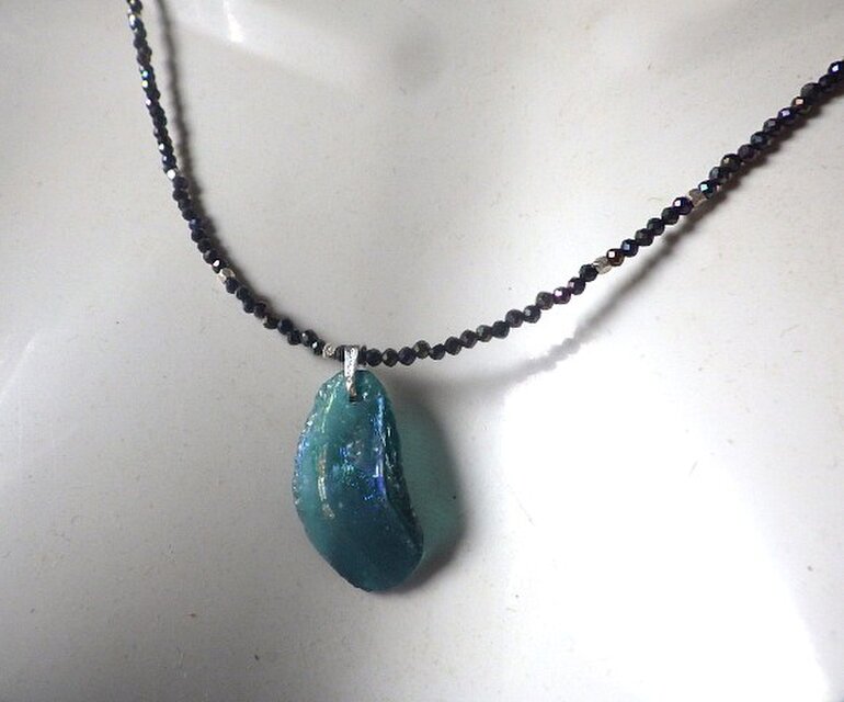 ブラックスピネル　グラスチェーン兼用ロングネックレス Ancient Romanglass Necklace3WAY☆ローマングラス ブラックスピネル