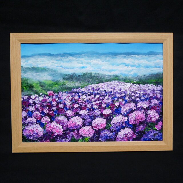 【天空に咲く光のアジサイ】初夏の油絵 原画 一点物 手描きアート 紫陽花 梅雨 1点物】油彩画『天空に咲く、光のアジサイ』梅雨・初夏を彩る花の絵画