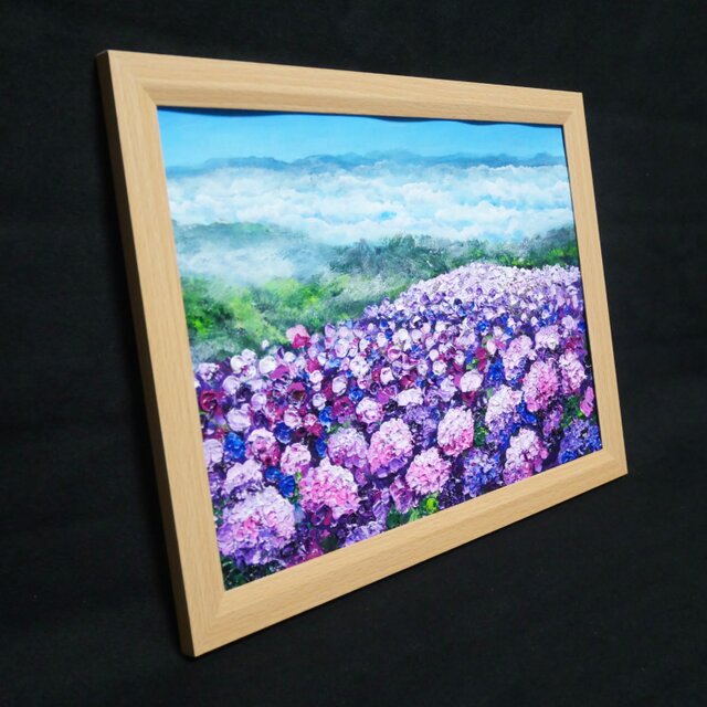 1点物】油彩画『天空に咲く、光のアジサイ』梅雨・初夏を彩る花の絵画