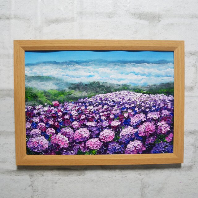 1点物】油彩画『天空に咲く、光のアジサイ』梅雨・初夏を彩る花の絵画