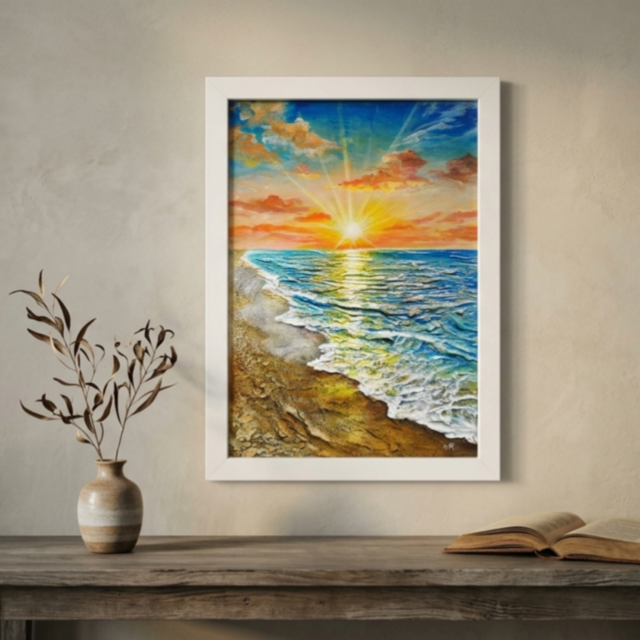 油絵 原画「黄金比の朝景」海と朝日の風景 額装アート 夏の模様替え